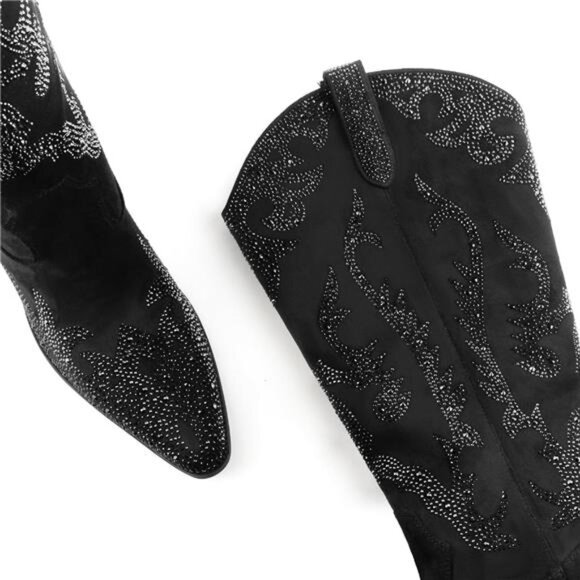 Women's Rhinestone Cowboy Boots Mid Calf Cowgirl Boots Pointed Toe Chunky Heel - Picture 3 of 7